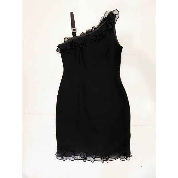 SHANI Ultimate Little Black Dress Silk  Ruffles one shoulder detail size 6 - Picture 1 of 8